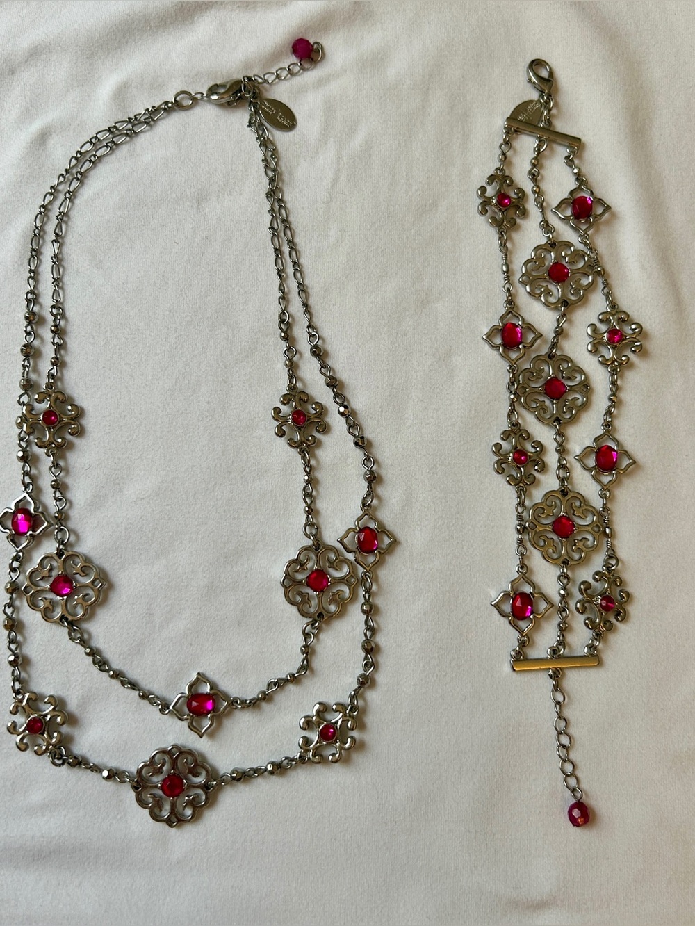 White House Black Market Silver-Tone Pink Gem Floral Necklace & Bracelet Set - Picture 2 of 7